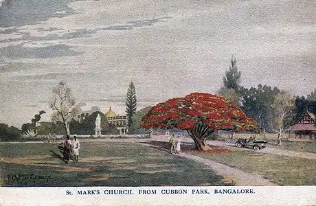 St. Mark's Church, From Cubbon Park, Bangalore, by JB Mac George (1918). Statue of Queen Victoria can also be seen.