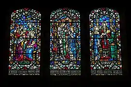 The northern Derbyshire Window, by James Powell and Sons a.k.a. Whitefriars Glass, in the Lady Chapel, depicting the Adoration of the Magi, Annunciation and Presentation of Jesus at the Temple, 1951.