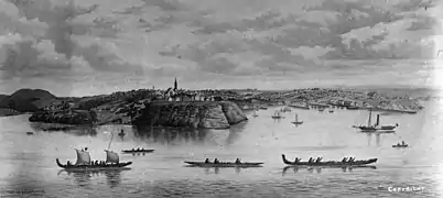 The Auckland waterfront with Māori waka and the original St Paul's building above Point Britomart, painted in 1852.