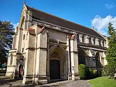 St Stephen's Parish Church, Bush Hill Park south-west entrance under the truncated tower