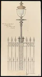 Ink drawing showing intricate details for Lamp post and fence