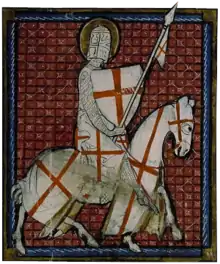 George as a crusader knight, miniature from a ms. of Vies de Saints, c. 1340 (BNF Richelieu Manuscrits Français 185)