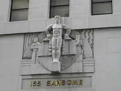 Stackpole's heroic figures were direct-carved in situ on a scaffold over the entrance of the Stock Exchange Tower