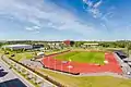 The sports stadium on Campus Valla. Campushallen housing indoor sports facilities is on the left.