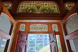 Stained glass windows above Antrim House's main entrance.