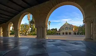Stanford Quad with Memorial Church in the background.