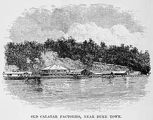 Old Calabar Factories from H.M. Stanley, The Congo and the Founding of its Free State; a story of work and exploration (1885)