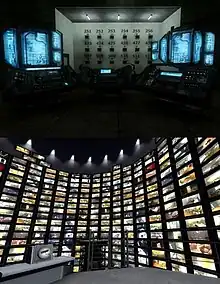 Two images stacked on top of each other. The top is a dimly lit, dark room with a few futuristic-looking computer monitors. In the background, there is a panel of square televisions with numbers above them. In the bottom image, the player is standing in a much brighter room, on a grey platform. Flat-screen televisions line the circular walls, each showing a different perspective of the office.