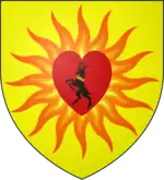 A coat of arms showing a crowned black stag in a red heart engulfed in orange flames on a field of yellow.