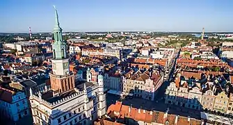 Aerial view of the Poznań Town Hall and skyline of the east part of the city