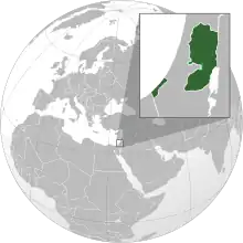 Territory claimed by Palestine (green)Territory also claimed by Israel (light green).All claimed territory is occupied by Israel.