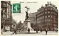 A postcard showing a painted sign for LU biscuits in the background of this Paris street scene with a statue of inventor Claude Chappe, 1908