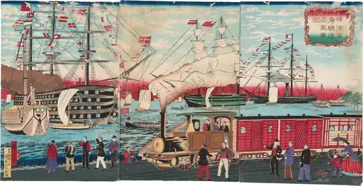View of a steam locomotive on the railway on the coast of Yokohama by Utagawa Hiroshige III (1874)