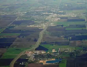 Steinbach (upper) and Blumenort (lower) as seen from the air.