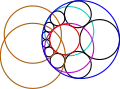 Under inversion, these lines and circles become circles with the same intersection angle, 2θ. The gold circles intersect the two given circles at right angles, i.e., orthogonally.