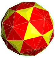 Tripentakis icosidodecahedron, the Kleetope of the icosidodecahedron, can be obtained by raising low pyramids on each equilateral triangular face on a pentakis icosidodecahedron. It has 120 isosceles triangle faces (2 types), 180 edges (3 types) and 62 vertices (3 types).