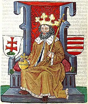 Chronica Hungarorum, Thuróczy chronicle, King Stephen II of Hungary, throne, crown, orb, scepter, double cross, Árpád stripes, Hungarian coat of arms, medieval, Hungarian chronicle, book, illustration, history