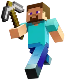 Artwork of Steve running and holding a pixelated pickaxe.