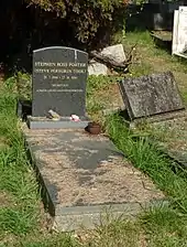 A polished, black granite headstone in a grassy cemetery