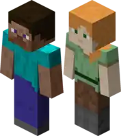 Isometric view of both Steve (left) and Alex (right). They are blocky figures made up of rectangular cubes. Alex is a feminine-looking character. She has long orange hair painted on the skin and skinnier arms. Steve is more masculine-looking. He has short brown hair and thicker arms than Alex.