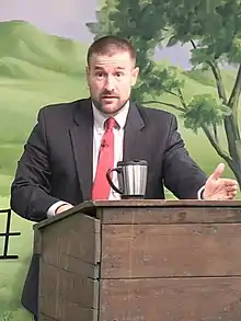 Steven Anderson preaching a sermon on the post-tribulation rapture, a core doctrine of his church, on April 30, 2017