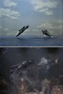 In the top image, a sleek combat submarine has propelled itself out of the ocean and is about to dive back under the water. Right behind it is a submersible resembling a giant fish, which has just cleared the water and is now in mid-air. In the bottom image, a man and a woman swim along the ocean floor. Fish can be seen in the top-left corner. While the man is wearing a wetsuit and breathing equipment, the woman is dressed only in a multi-layered cloak, which appears to be moving with the current.