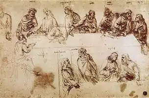 A study for The Last Supper from Leonardo's notebooks shows twelve apostles, nine of which are identified by names written above their heads. Judas sits on the opposite side of the table, as in earlier depictions of the scene.