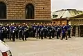Relieved guard after the changing of the guards ceremony at the Royal Palace. The clear blue uniform is used solely by the soldiers of the Cavalry Battalion