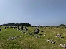 A stone row at Beaghmore, County Tyrone on a sunny day.