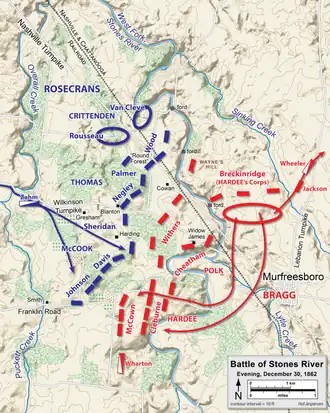 Map shows the positions of the armies before the Battle of Stones River.