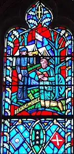 Jackson reading the Bible in a Confederate camp in a stained glass window of the Washington National Cathedral. The windows were removed in 2017.