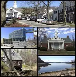 Clockwise from top the Stony Brook Village Center, the art building at the Long Island Museums, Stony Brook Harbor, the c. 1751 Stony Brook Grist Mill, and the Simons Center for Geometry and Physics at Stony Brook University