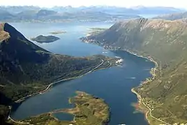 View of the Sigerfjorden. The village closest is Sigerfjord, and across the sound in the background is Sortland town.