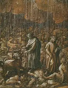 A sepia illustration of a landscape strewn with bodies; Dante, Virgil and Cerberus stand in the rain
