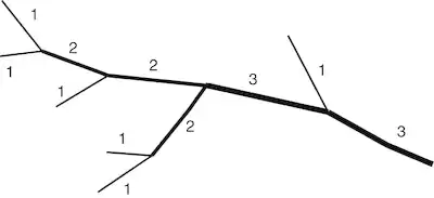 Diagram of a branching structure with numbers assigned to each segment. All distal segments are numbered "1." When two segments of the same order meet, the segment that results from their combination is given the next highest order. When two segments of different orders meet, the resulting segment is given the higher order of the two combining segments.