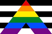 A flag of black and white horizontal stripes, overlaid with an inverted V of the rainbow flag