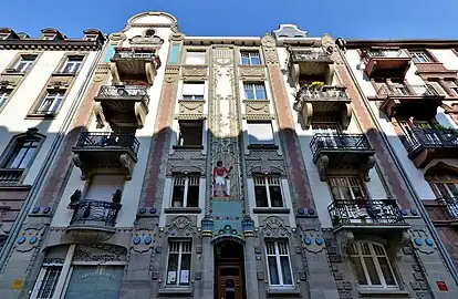 Mixed with Art Nouveau - Egyptian House (Rue du Général Rapp no. 10), Strasbourg, France, designed by the architect Franz Scheyder in collaboration with painter Adolf Zilly, 1905-1906