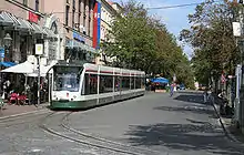 Siemens Combino tram in Augsburg, Bavaria, Germany.