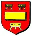 Gules, a fess humette between three trestles, or