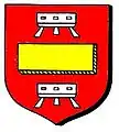 Gules, a fess humette or, between two trestles, argent