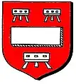 Gules, a fess humette between three trestles, argent