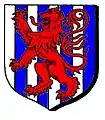 Paly of eight, argent and azure, a lion rampant gules