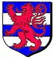 Barruly of five, azure and argent, a lion rampant ruby