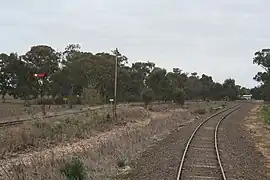 Junction between the lines to Cobram (left) and Tocumwal (right) looking south towards the station