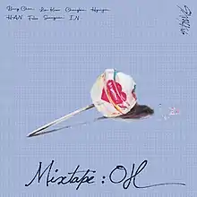A painting of a transparent and pink lollipop with the pale blue background with the handwriting members' name on the left-top corner, the rotate 90 degrees Stray Kids logo on the right-top corner, and the handwriting song's title "Mixtape : OH" on the bottom of the artwork