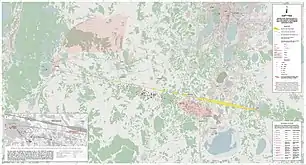Trajectory projection of Chelyabinsk meteor and strewnfield map of 253 recovered meteorites, of which 199 were weighed and documented (status of 18 Jul 2013).