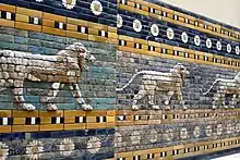 Striding lions from the Processional Street of Babylon.