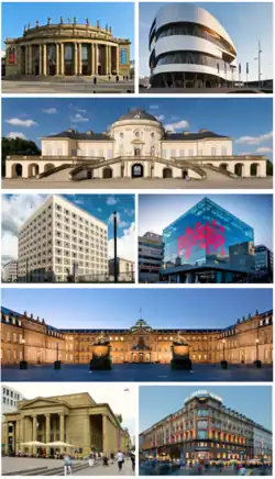Clockwise from top left: Staatsoper Stuttgart; Mercedes-Benz Museum; Schloss Solitude; Kunstmuseum Stuttgart; Neues Schloss; Marquardtbau; Königsbau and Stadtbibliothek