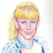 A white background displaying a painting of American figure skater Tonya Harding is shown.