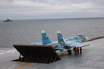 A Sukhoi Su-33 preparing to take off from Admiral Kuznetsov in the Barents Sea, October 2008
